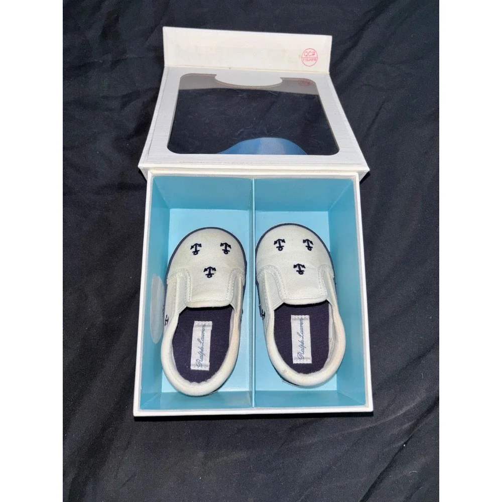 Ralph Lauren Baby Harbor Repeat Slip-On Shoes White/Navy Anchor Print 4 preppy